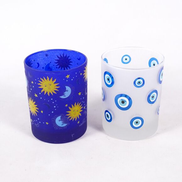 Celestial Sun Moon Stars Evil Eye Glass Candle Holder Cup Stand x2 Cobalt Blue - Picture 4 of 8